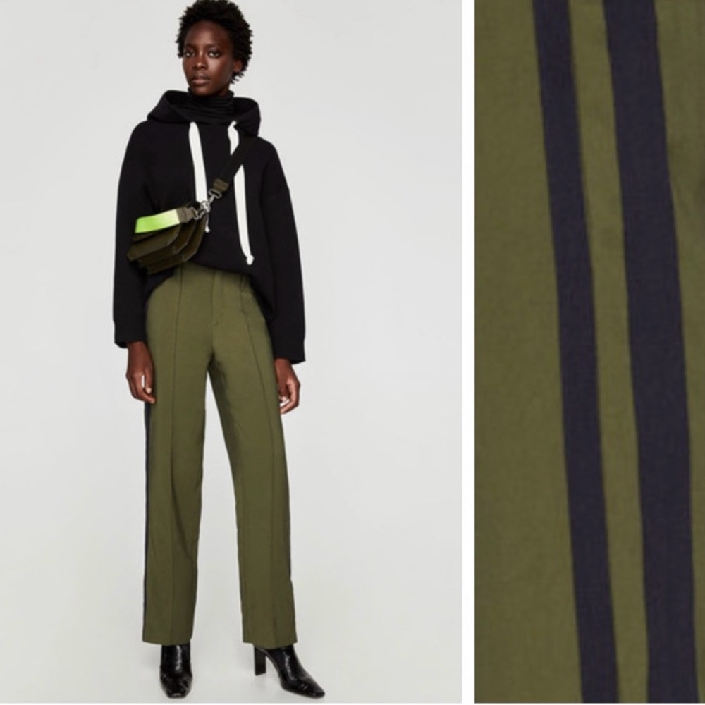 Zara Khaki Green striped pants/Trousers
